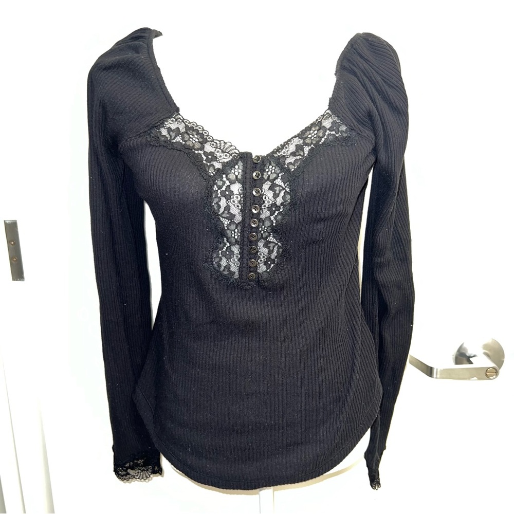 Free People V-Neck Long Sleeve Top With Lace Neckline Black